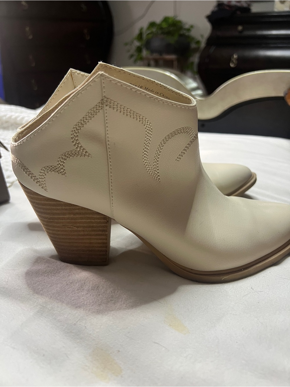 Women's Cream Ankle Booties with Stacked Heel